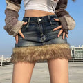Furry Detail Vintage Style Denim Skirt