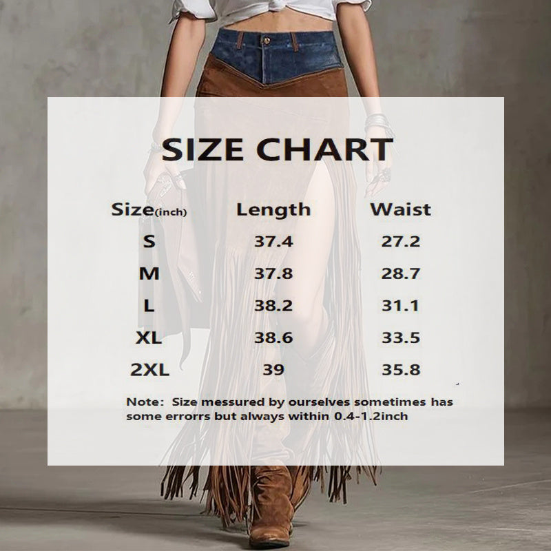 Women's Boho Patchwork Maxi Skirt with Fringe & Slit