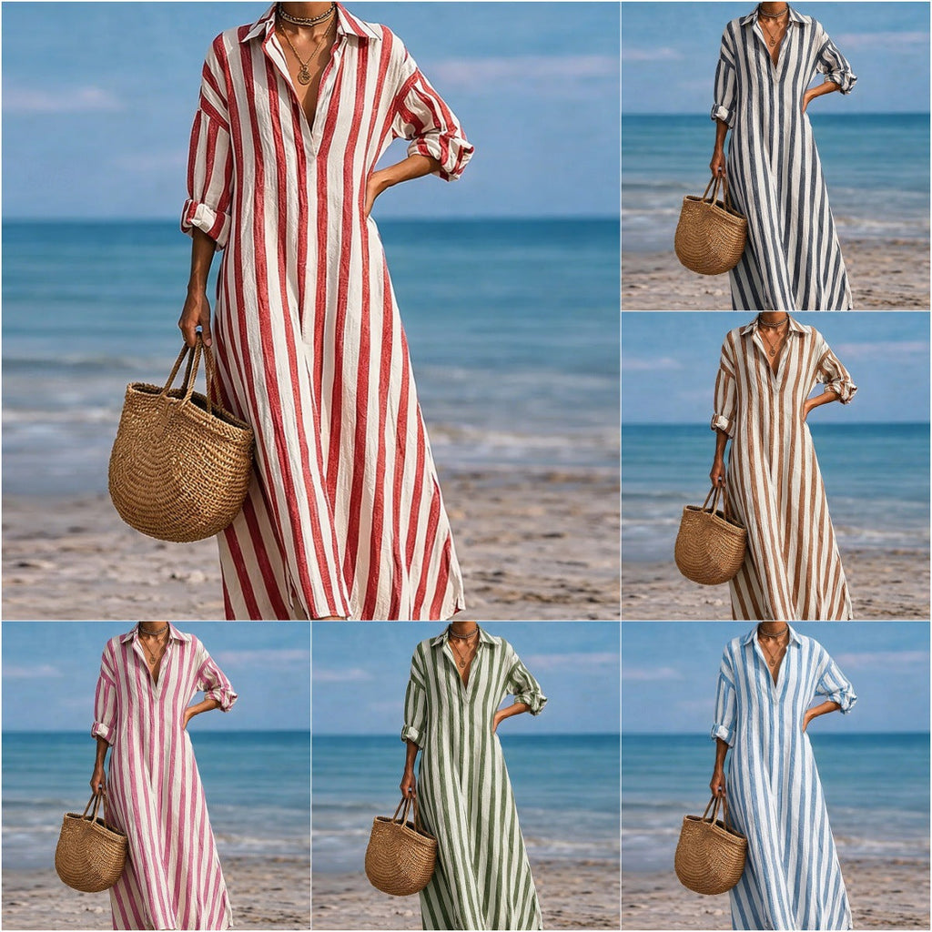 SpringSummer New Striped Lapel-Pocket Dress