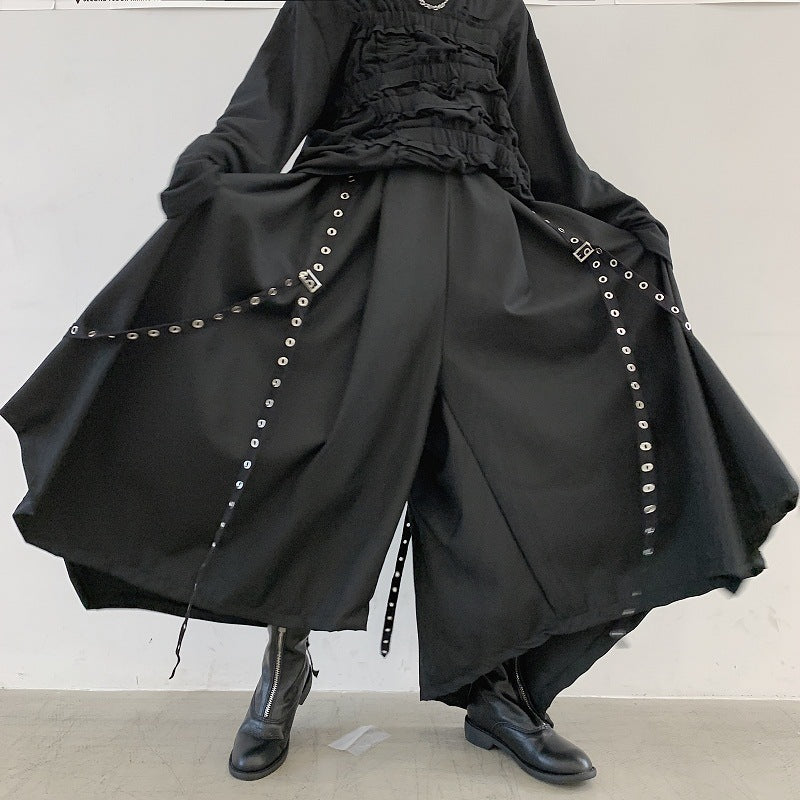 Goth Style Irregular Hem Ribbon Rivet Pantskirt