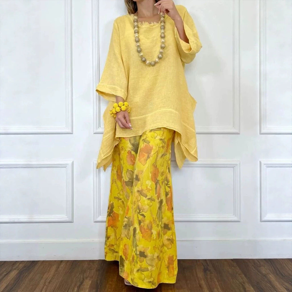 Womens Casual Cotton-Linen Irregular Top And Wide-Leg Pants Set